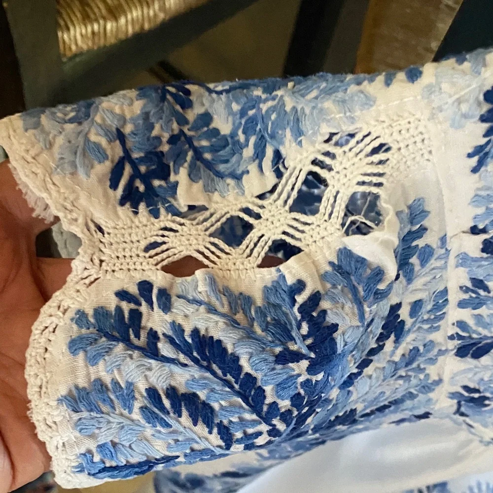 Vintage Mexican colonial cottonWhite and Blue Embroidered Dress - Picture 4 of 7